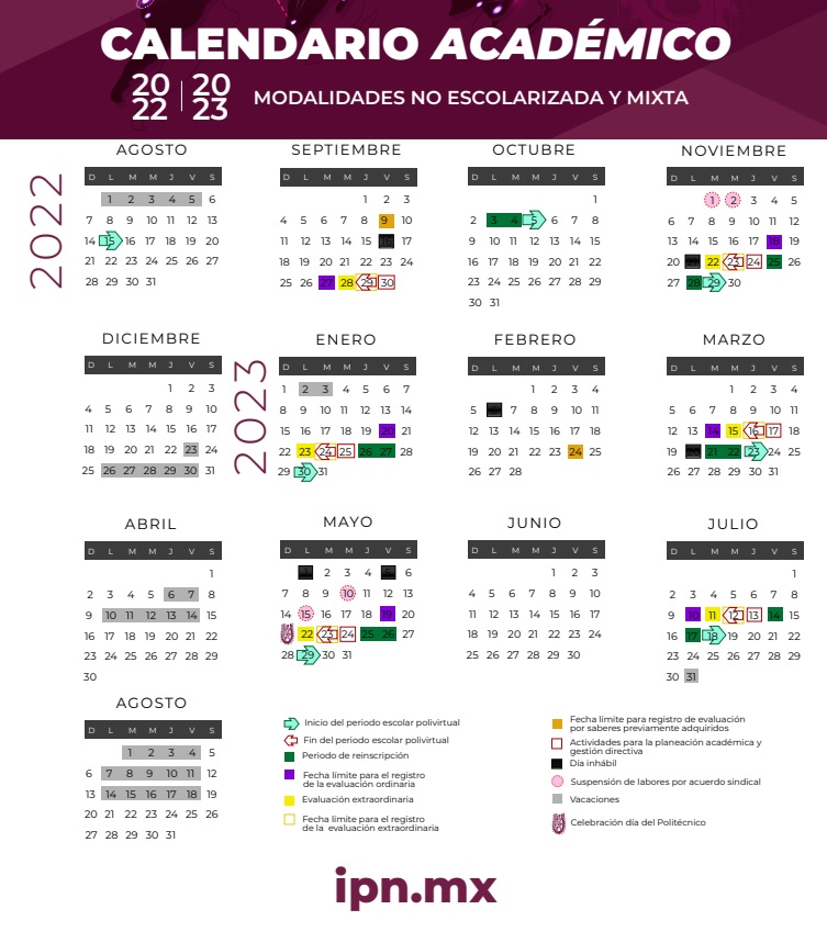 Calendario académico CECyT1 modalidad NO escolarizada y mixta 2022-2023